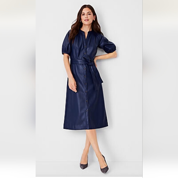 Ann Taylor Faux Leather Navy Shirt Dress Short Sleeve Midi Sz 0 Petite NWT - Picture 1 of 13